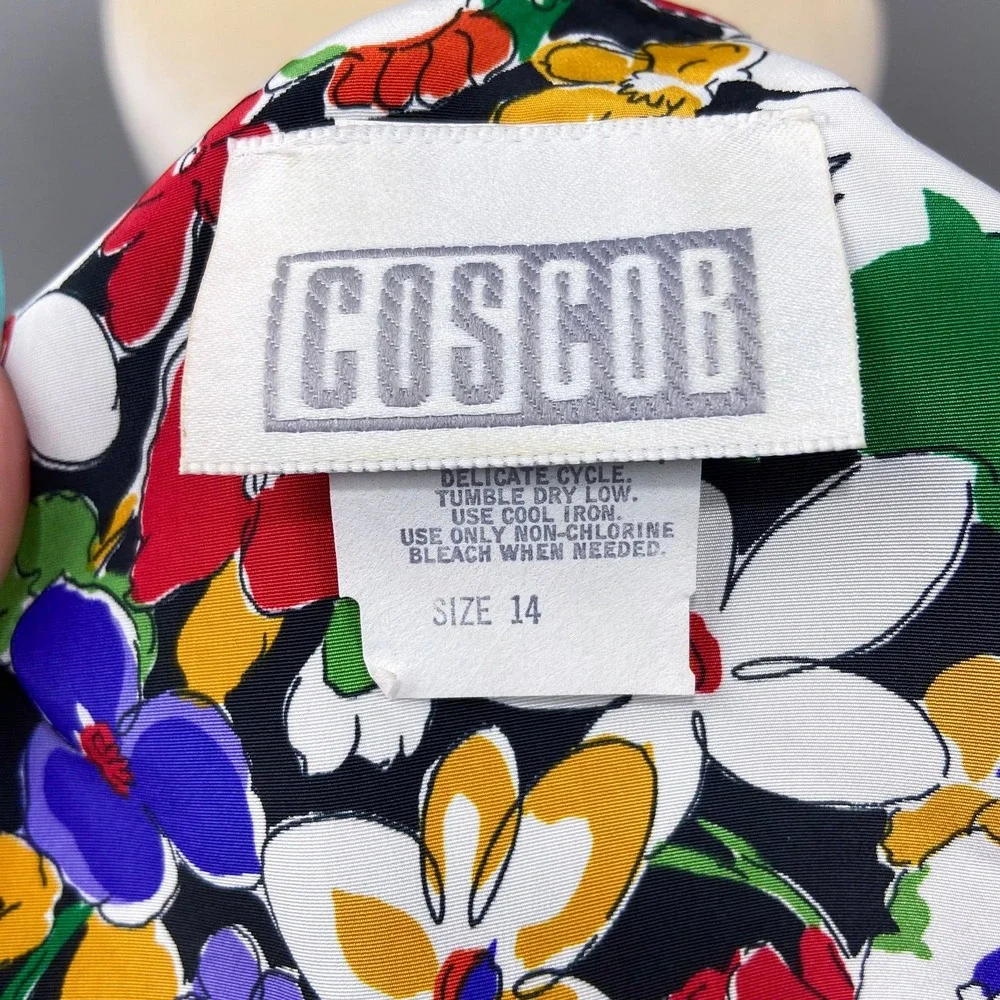 Vintage Cos Cob Floral Dress Size L Colorful Flowers Tie Waist Retro 2 Piece Set